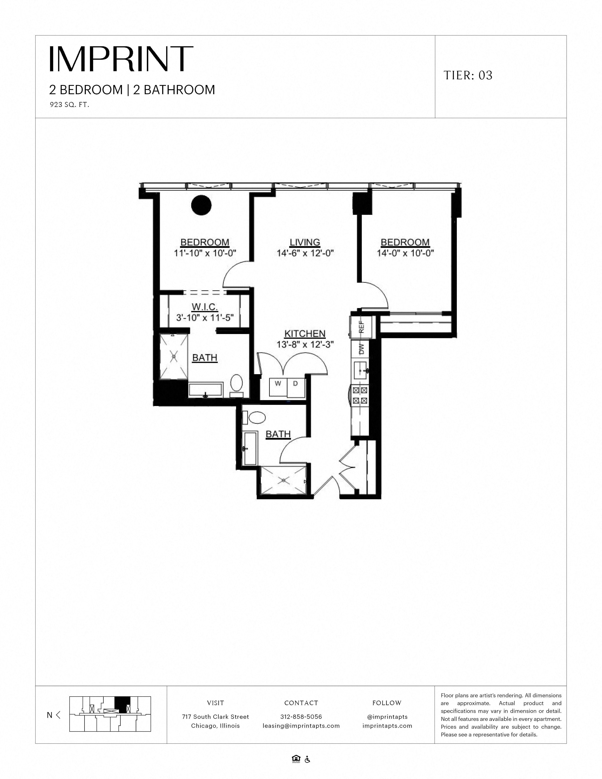 Floor plan for 2 beds, 2 baths, 923 sqft